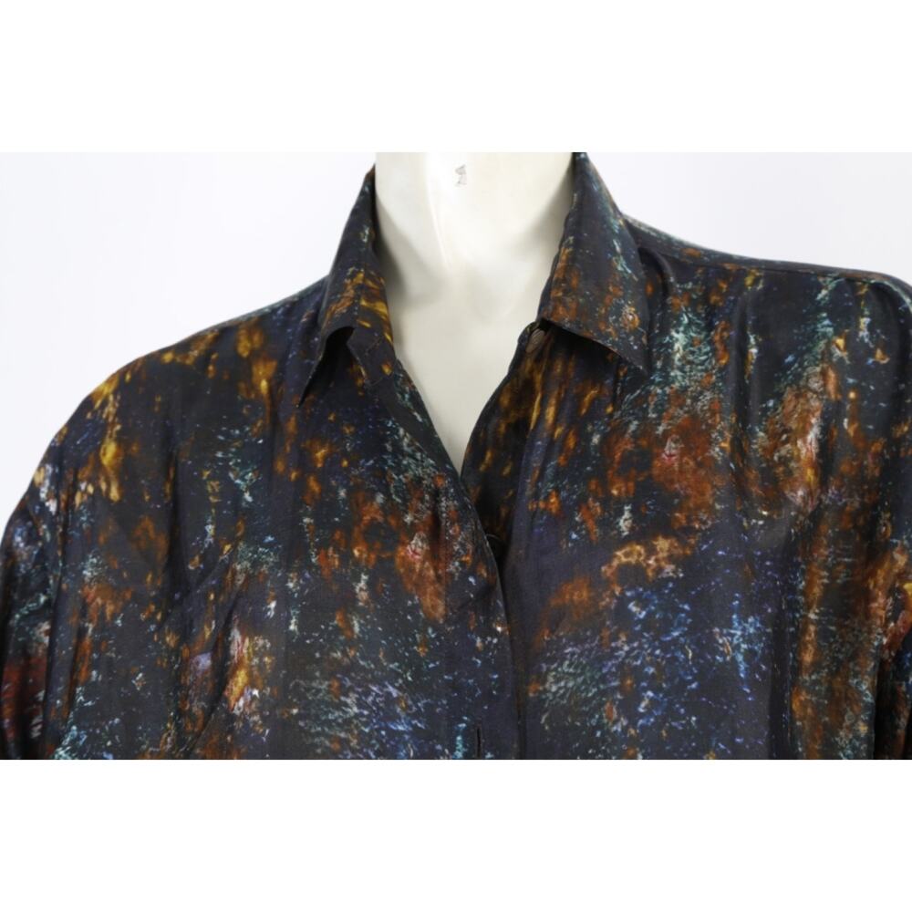 Yavi Button Down Silk Blouse Abstract Painted Designer Top Luxury Size S - Picture 4 of 11